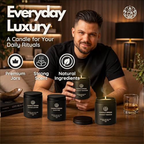 Image of Mahogany Teakwood Candles for Men Gift Set - 4 Pack 7oz Soy Wax with Whiskey Tobacco, Vintage Leather & Black Pine, Masculine Scented Candles, Premium Gift for Him, Man Cave & Office Decor