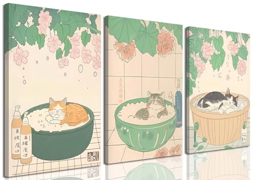 Funny Japanese Cat Bathroom Wall Art Set of 3, Cute