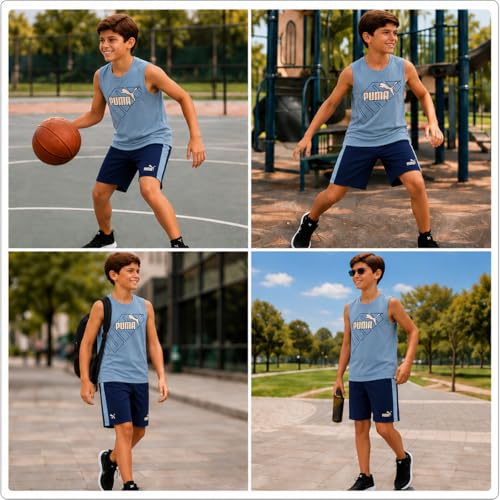 Image of PUMA Active Boys Shorts Set - 2 Piece Dry Fit Sleeveless Basketball Boys Athletic Shirts and Boy Shorts Matching Set (4-16)