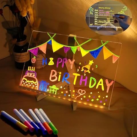 LED Note Board with 7 Colors Pen Acrylic Dry Erase Board with Light LED Christmas DIY Erasable and Luminous Acrylic Transparent Writing Board LED Drawing Board (11.8 * 7.9in) Cover