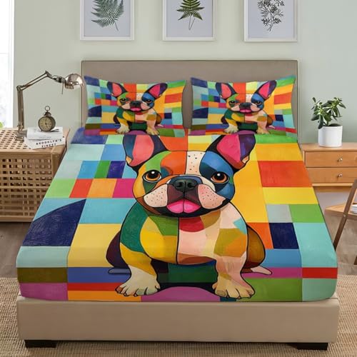 Set Lenzuolo con Angoli Matrimoniale 160x200 cm Modello Astratto Del Bulldog Francese Lenzuolo Elastica Con Angoli Tasca Profonda 30cm Colorato Set Di Biancheria Da Letto Microfibra Morbido
