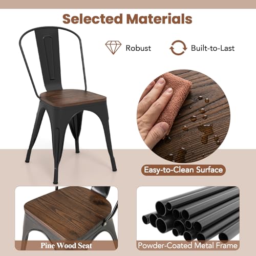 Image of COSTWAY 18 Inch Dining Chair Set of 4, Industrial Vintage Stackable Metal Chairs, Counter Bar Chairs with High Backrest, Wood Seat, for Home, Kitchen and Cafe Bar Use