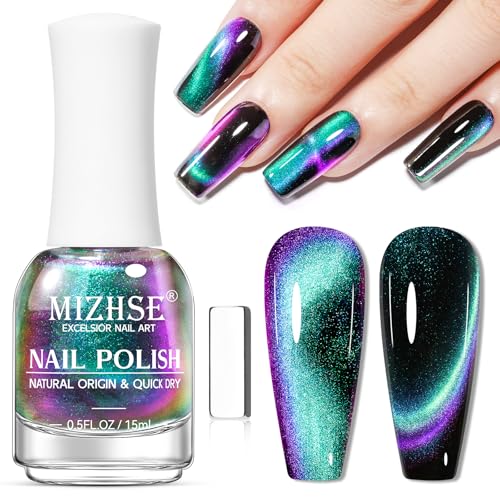 MIZHSE Quick Dry 9D Cat Eye Nail Polish Non Gel Green to Purple Magnetic Nail Polish with Magnet Air Drying Fast Cateye Nail Lacquer Galaxy Effect Manicure Home Gift for Women 15ml