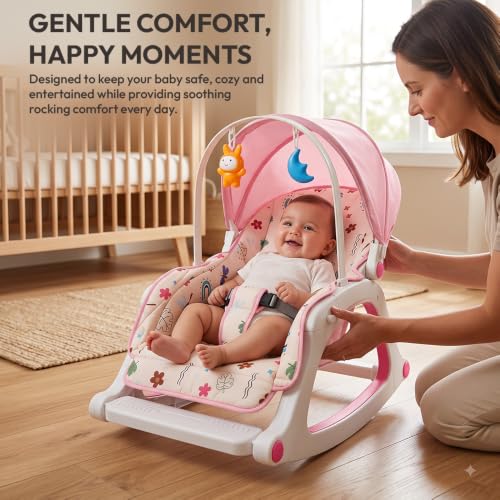 Image of StarandDaisy Dreamy Baby Rocker Chair with Play Tray, Mosquito Net & Toy Bar | Adjustable Recline, 3-Point Safety Harness | Infant Rocking Seat, Feeding Chair for Newborns & Toddlers 0-3 Years (Pink)