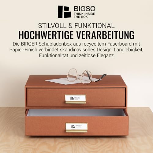 BIGSO BIRGER Schubladenbox – Aufbewahrungsbox mit 2 Schubladen – Schreibtisch Ablage für Dokumente & Bürobedarf – Ablagesystem aus recycelter Faserplatte und Papier – rosa