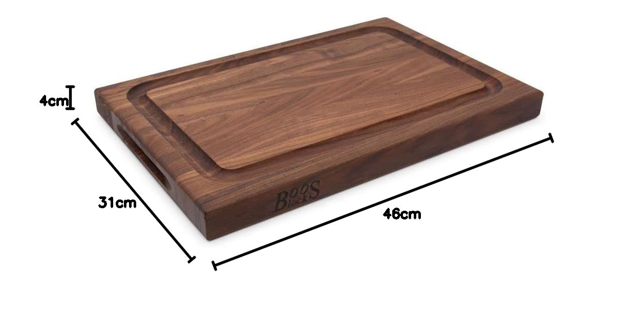 Boos Block Schneidebrett Holz Mit Saftrille XXL - 46 x 31 x 4 CM - Walnuss | Holz Mit Griff - Brett Nussbaum - Hackbrett - Fleischbrett