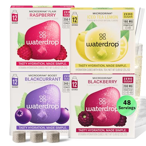 Waterdrop Hydration Cubes With Vitamin C, B Vitamins and Electrolytes, 4 Flavor Electrolyte Variety Pack, Flavored Water Enhancer Cubes for Still & Sparkling Water, Low Calorie, Sugar Free, 48 Count