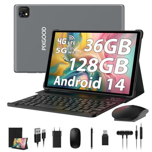 PIXGOOD 10 Zoll Android Tablet 4G LTE und 5G WiFi, 36 GB RAM, 128 GB ROM (1 TB erweiterbar), Octa-Core, INCELL 1980 * 1200, 13 MP+8 MP, Tablet mit Tastatur-GPS/Bluetooth (Grau)