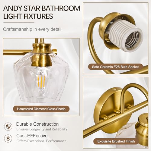 ANDY STAR Brushed Gold Vanity Light, 5 Light Bathroom Light Fixtures with Clear Diamond-Shape Hammered Glass, Brass Vintage Ripple Wall Lights for Hallway, Bedroom, Anti-Rust, E26 Base (No Bulbs) by ANDY STAR - Used condition - Image 4