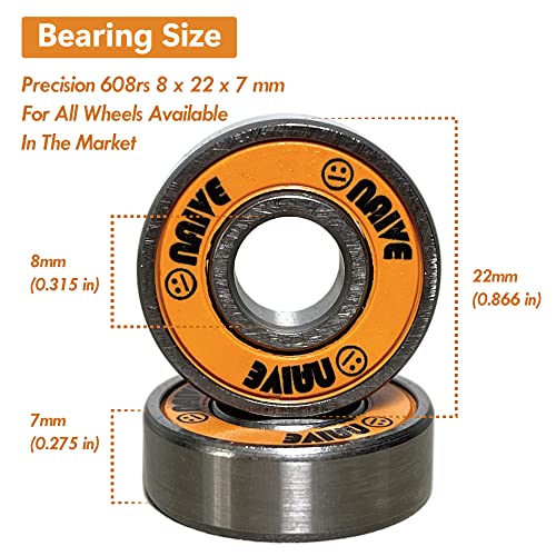 Naive Skateboard Bearings 8 Pack - Pre-Lubricated 8Mm 608 Compact Set For Longboard, Cruiser, Surfskate, Inline & Quad Roller Skates, Gift Case, Vintage Sunset Orange #TOP2