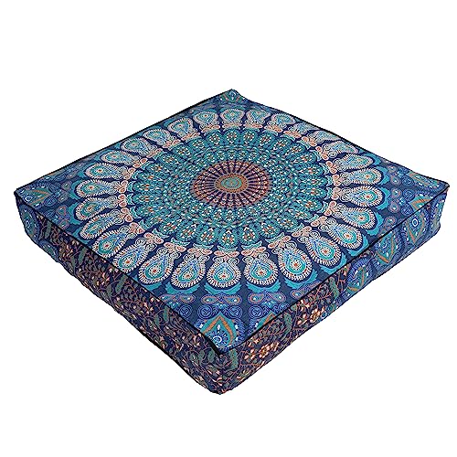 35 Mandala Large Floor Pillow Cover Meditation Cushion Seating Throw Hippie Square Colourful Decorative Bohemian Accent Boho Chic dog bed Indian Pouf Ottoman Handmade COVER ONLY (Peacock Blue)