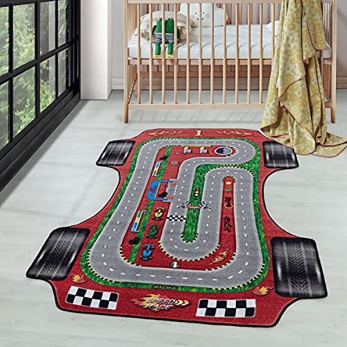 Carpettex Kinderteppich Rennstrecke Rot 120 x 170 cm - Kurzflor Teppich Kinderzimmer für Mädchen...