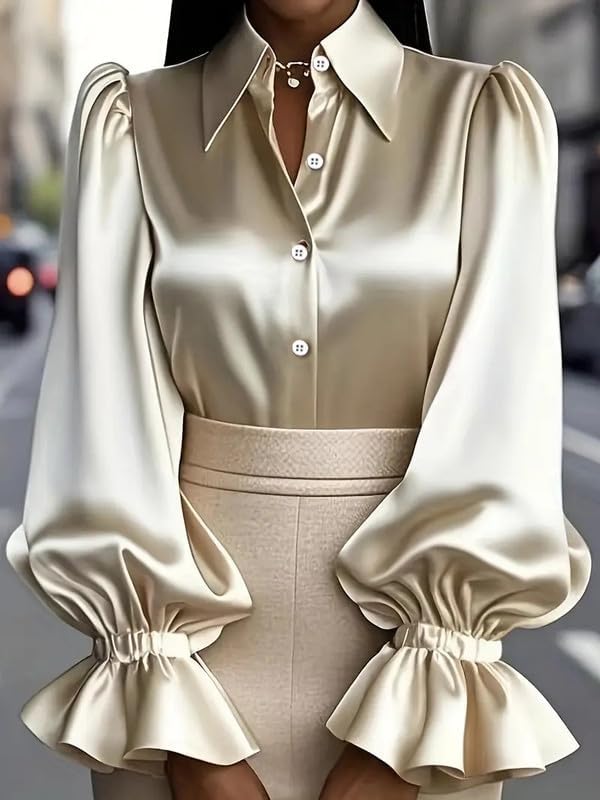 Women's Satin Collared Button Front Puff Sleeve Ruffled Flare Cuff Blouse – Elegant Office Work Business Casual Top - Image 2