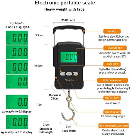 Rhorawill Luggage Scale 165lb/75kg Electronic Fishing Scales Digital Hanging Hook Scale Backlit LCD Screen with Measuring Tape Ruler, Temperature, 2 AAA Batteries for Hunting Travel Kitchen