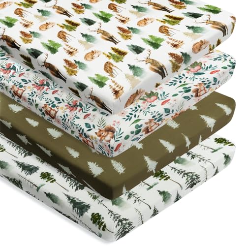 Image of 4 Pack N Play Sheets Woodland Forest Animals Wood Neutral Unisex Fitted Baby N Play Sheets Fitted for Standard Pack and Plays and Mini Cribs Set for Baby Boys or Girls (Cartoon Fox)