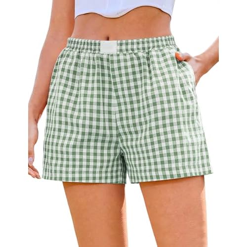 Marvmys Womens Boxer Shorts Cotton Plaid Gingham Shorts Summer Elastic Waist Pajama Buttoms with Pockets X-Large Green White Plaid