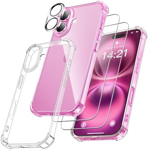 FLLAO 4 en 1 Funda para iPhone 16 con 2 Protector Pantalla y 1 Protector Lente Cámara, [Almohadilla de Aire integrada] Antigolpes Antiarañazos Carcasa 6,1 Pulgadas, Transparente