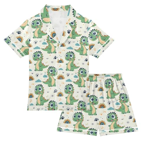 Green Dinosaur Footprint Rainbow Summer Pajamas Set Soft Satin Pjs Sets 2 Piece Short Sleeve Sleepwear Casual Clothes