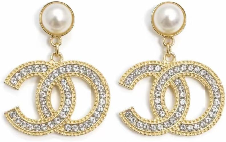 Pearl Drop Earrings with Crystal Embellished Letters Logo, Gold Tone, Dangle Style