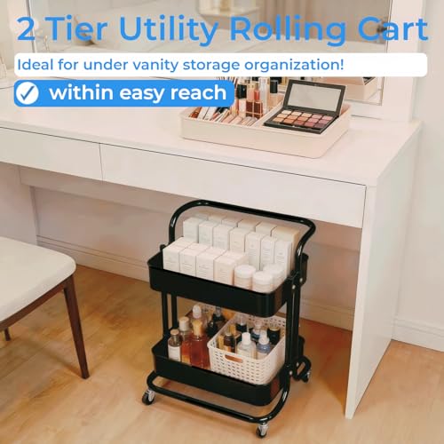 Image of 2 Tier Rolling Utility Cart with Wheels All-Metal Short Pantry Cart Under Desk Storage Trolley with Handle, Small Rolling Storage Shelf for Small Space Kitchen Laundry Room Bathroom, Black