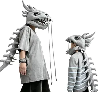 Dinosaur Skeleton Costume,3D Spinosaurus Skull Mask & Plush Spine for Halloween,Themed Skull Cosplay Props
