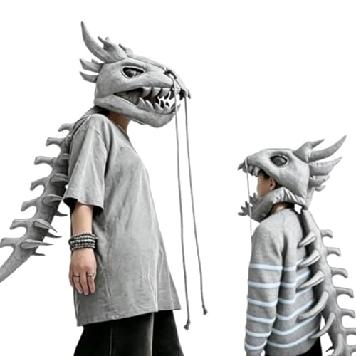 ZHYPFF Dinosaur Skeleton Costume，3D Spinosaurus Skull Mask & Plush Spine for Halloween，Themed Skull Cosplay Props (grey, Small(31in))
