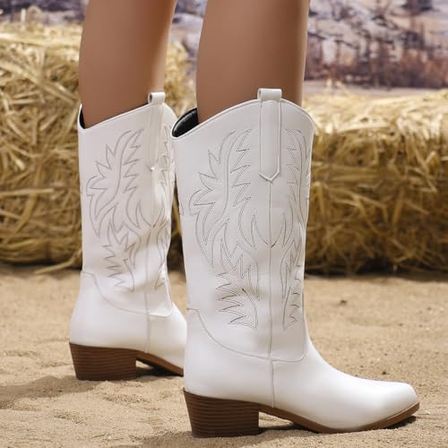 Cowgirl Boot for Women,Retro Classic Mid Calf Western Boots Embroidered Pointed Toe Chunky Block Heel Cowboy Boots3