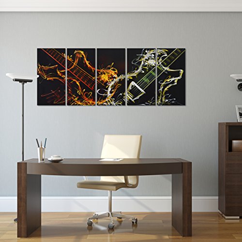 Pure Art Abstract Guitar Heat - Large Music Metal Wall Art Decor - Set Of 5 Panels Sculpture For Kitchen Or Living Room - 64" X 24" #TOP4