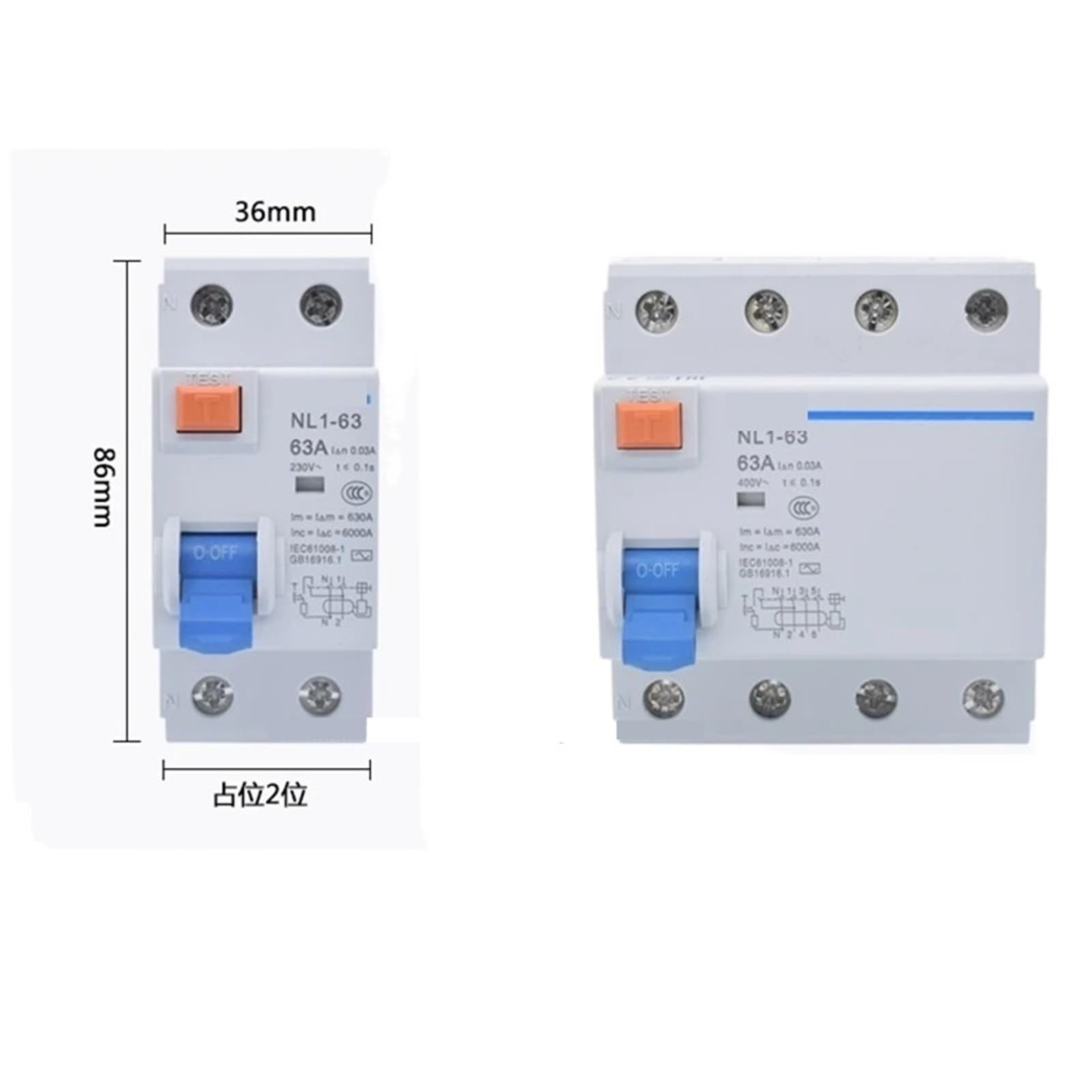 1P + N elektromagnetyczny wyłącznik różnicowoprądowy, RCD 30 mA, ochrona uziemienia, 16 A, 25 A, 40 A, 3P 1N (4P) NL1-63,40A