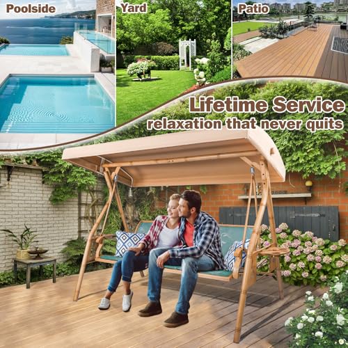 Image of ZZW 3 Person Patio Swing Outdoor Swing for Adults with Adjustable Canopy &Upgraded Cup Holders Textilene Fabric Porch Swing Chair with Stand Heavy Duty 800 LBS