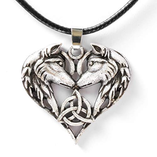 HAQUIL Wolf Necklace - Metal Alloy, Love Wolf Couple Celtic Triquetra Heart Pendant - PU Leather Cord, 19.7