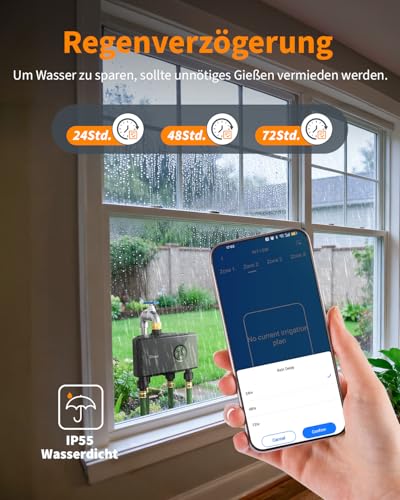 Diivoo Bewässerungscomputer 4 Ausgänge WLAN mit Messingeinlass, Smart Wasserzeitschaltuhr Garten kompatibel mit Alexa/Google Assistant, 24 Pläne, Regenverzögerung & Nebelmodus für Garten Rasen