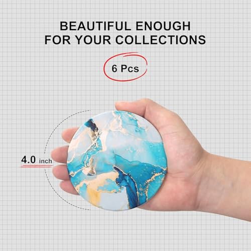 Image of 6 Pcs Light Blue Abstract Wood Coasters with Iron /Metal Holder Best Round Drink Coaster for Desk Lounge Coasters Coffee Wine Coasters Beverage Bar
