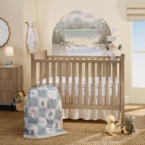 Image of Lambs & Ivy Froggy & Friends Embroidered 3-Piece Baby Crib Bedding Set | Includes luxury patchwork quilt, 100% cotton fitted crib sheet, and crib skirt.