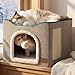 Bedsure Cat Beds for Indoor Cats - Large Cat Cave for Pet Cat House with Fluffy Ball Hanging and Scratch Pad, Foldable Cat Hideaway, 16.5x16.5x13 inches, Grey