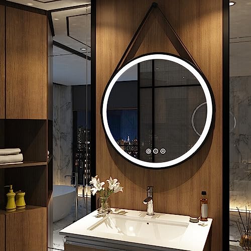 LUVODI LED Bathroom Mirror with Black Frame, 600x600 mm Round Illuminated Lighted Wall Hanging Vanity Mirror with Anti-fog 3 Dimmable Lighting Colors Touch Sensor for Bathroom Bedroom Entryway