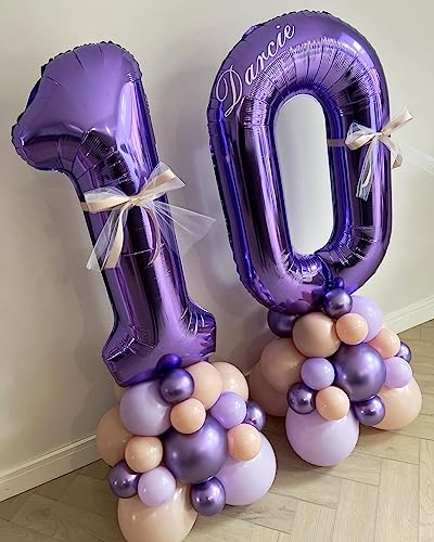 Image of Number 10 Purple Balloons 40 Inch Giant Purple 10 Number Foil Helium Balloons for 10th Purple Birthday Party Supplies 10th Anniversary Events Decorations