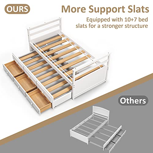 Xilingol Twin Bed With Trundle And Storage Drawers, Captains Bed Frame With Pull Out Bed, Wooden Slat Support No Box Spring Needed, White #TOP5