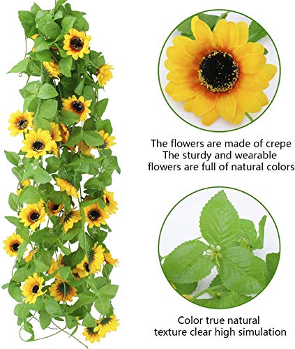 Healthcom 4 Packs 8.5Ft/Pcs Artificial Sunflower Garland Silk Sunflower Vine Yellow Flower Green Leaves Outdoor Fake Hanging Plants Hang Garland Porch Patio Home Garden Christmas Party Wedding Decor #TOP6