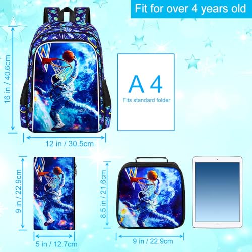 Image of HPJGD 3PCS Kids Astronaut Backpack, Water Resistant Bookbag for Boys Set with Lunch Box, Cool School Bag for Elementary Preschool Toddler - Basketball Astronaut