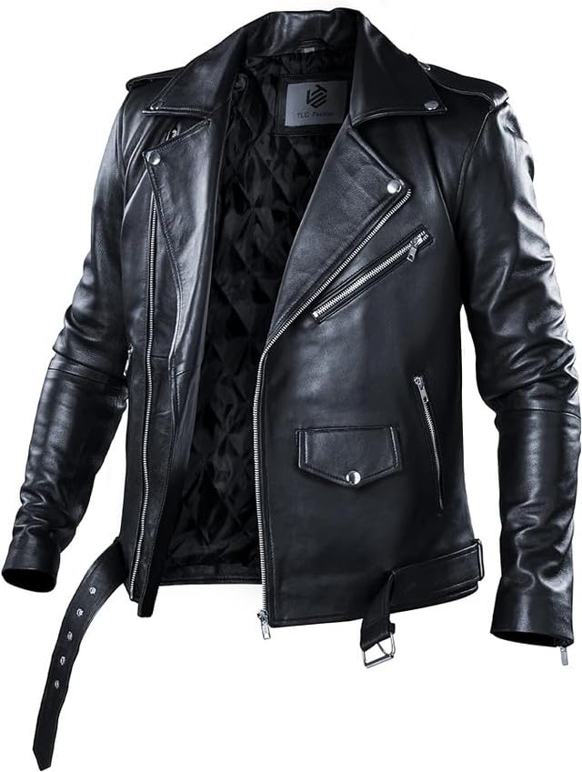 TLC leather biker jacket men - Black men's biker jacket with Notch Lapel Collar and Zipper Cuff