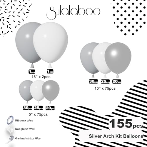 Image of White and Silver Balloons Arch Kit 155Pcs 18 10 5 Inch | Gray Grey White Metallic Silver Different Sizes Latex Garland Birthday Anniversary Wedding Bridal Shower Party Decorations