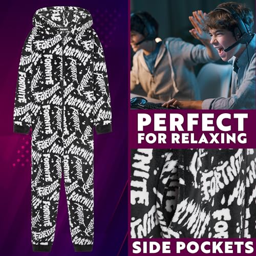 Get Trend Fortnite Schlafanzug Jungen Kinder Overall Kapuze, Winter Fleece Pyjama Kuschelig, 7-16 Jahre, Teens & Junge (13-14 Jahre, Schwarz/Weiß Fortnite)