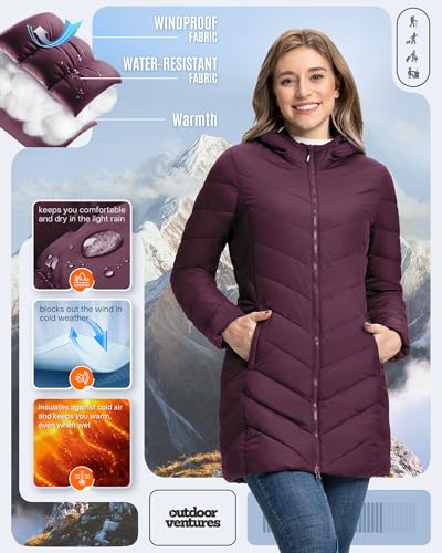 Outdoor Ventures Damen Wintermantel Langer Warmer Steppmantel Leicht Parka Wasserdicht Winterjacke mit Kapuze Funktionsjacke Übergangsjacke Weinrot XL
