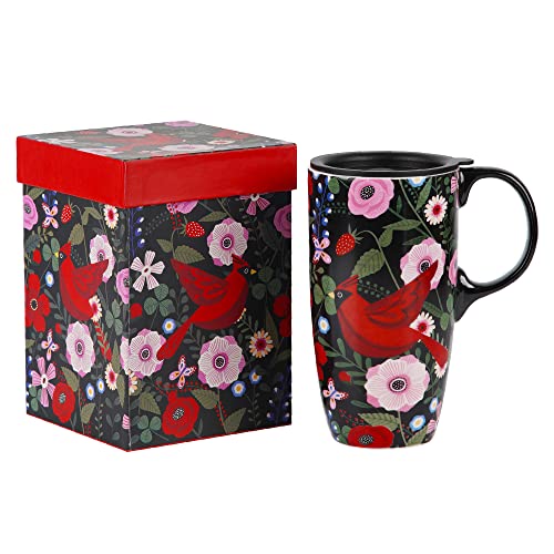 Topadorn Ceramic Mug with Gift Box Coffee Mug Latte Mug with Lid and Handle,17oz. Red Bird, Large