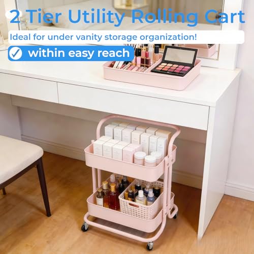 Image of 2 Tier Short Rolling Cart with Wheels All-Metal Pink Pantry Storage for Kitchen,Under Desk Trolley with Handle Small Wheeled Storage Cart for Laundry Room Bathroom, Under Table Small Space