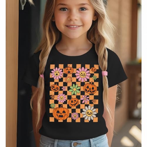 Image of Girls Halloween Shirt Pumpkin Flower Face Checkered T-Shirt Kids Crewneck Short Sleeve Spooky Season Gift Tee Tops(Black,11-12 Years)