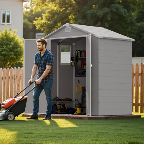 Image of Greesum 6x4FT Plastic Outdoor Storage Shed with Floor, Resin Sheds with Lockable Double Door, Tool Sheds with Window and Vents, for Garden, Patio, Backyard, Light Gray
