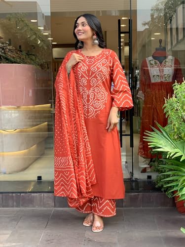 Image of GoSriKi Kurta Sets for Women Rayon Viscose Bandhani Printed | Kurti Set for Woman | Kurta Pant Dupatta Set | Straight Kurti | Round Neck 3 /4 Sleeve Suit Set for Women Stylish Ethnic Outfit