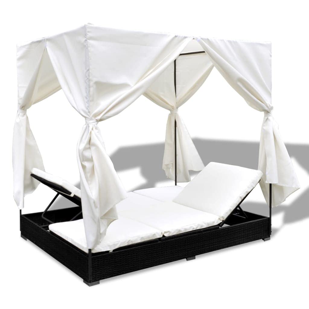Lit d'extérieur en rotin synthétique résistant aux intempéries, noir, avec cadre en acier revêtu par pulvérisation, 197 x 140 x 180 cm, double chaise longue avec coussins réglables